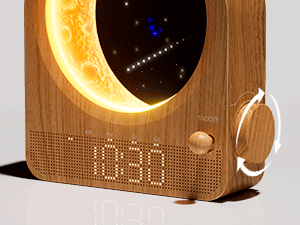 Wooden alarm clock with LED display showing time. Multiple product views showing curved design with natural wood finish and orange illuminated digits.