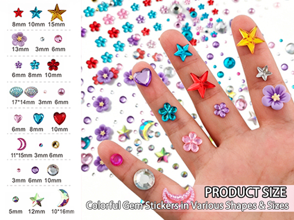 Gem stickers with heart,star,round gem stickers and various colors and size of gemstone stickers