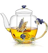 46oz/1300ml Enamel Glass Teapot With Rose Flower Butterfly And Gold Edge,Blue Rose Teapot With In...