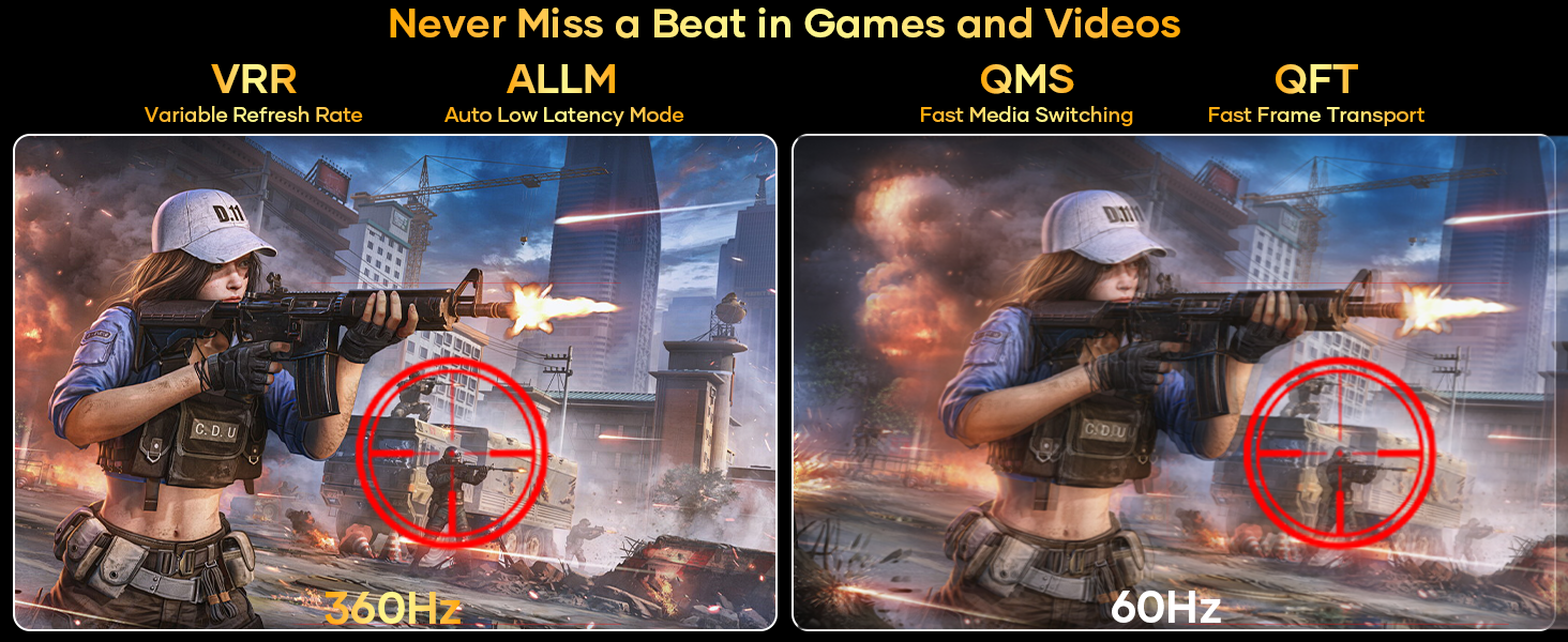 Side-by-side comparison of gaming visuals. Left image shows clearer motion at 240Hz, right image displays motion blur at 60Hz. Both depict a soldier firing a weapon in an urban combat scene.