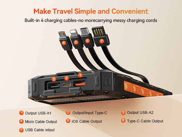 Solar Charger Power Bank Built-in Cables