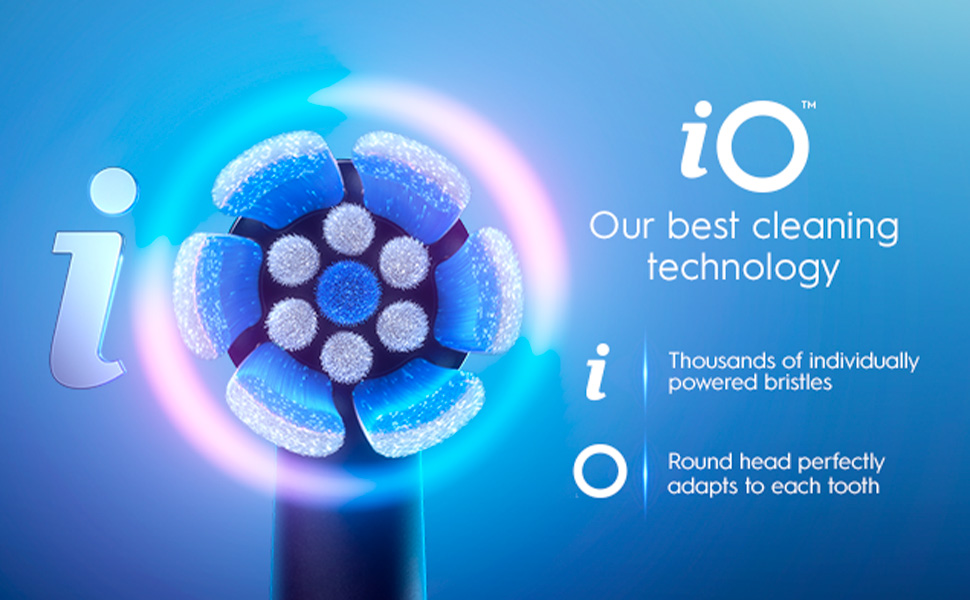 I: Thousands of individually powered bristles. O: Round head perfectly adapts to each tooth.