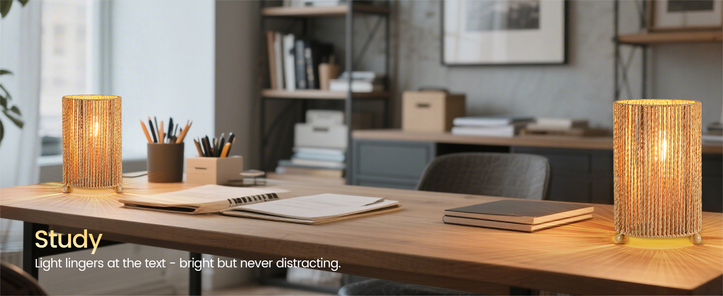 Series of warm-lit desk scenes featuring bamboo or rattan table lamps creating cozy study environments with notebooks and writing materials.