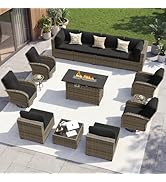 Aoxun 14 Piece Outdoor Patio Furniture Set with 44'' Fire Pit Table, Wicker Rattan Outdoor Furnit...
