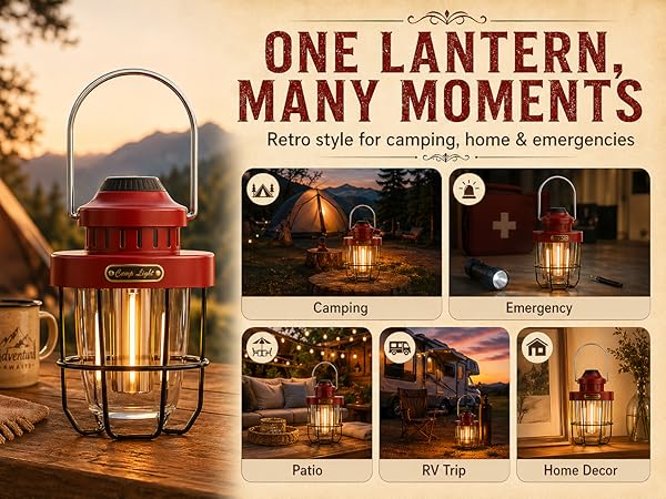 Portable metal lantern for camping, RV living, patio dining, home decor and emergency power outage.