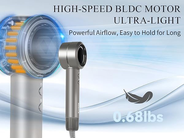 High-speed BLDC motor hair dryer, ultra-light 0.68lbs, powerful airflow, easy to hold for long