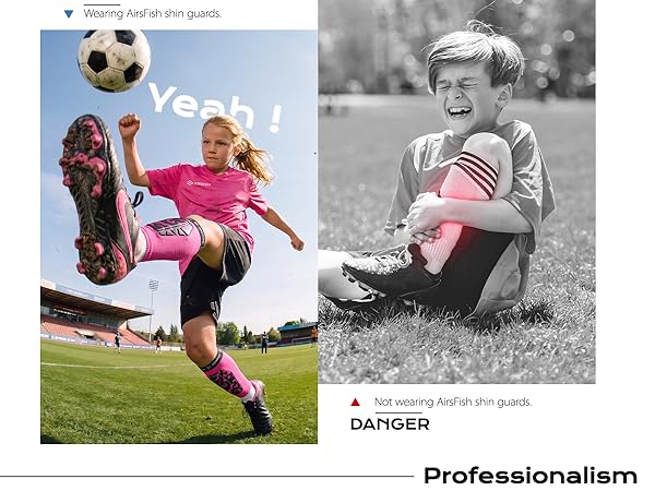 Text reads 'DANGER' and 'Professionalism'. Split image showing child in colored soccer uniform kicking ball on grass field, and black-and-white photograph of professional athlete with ball, demonstrating skill progression.