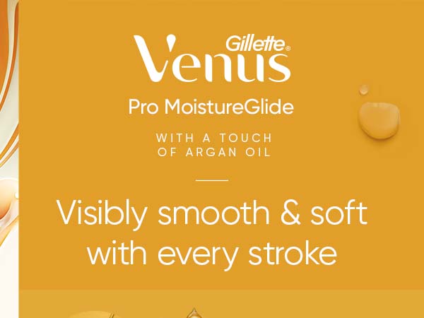 Venus Pro MoistureGlide with argan oil, oil droplets, pipette dispensing oil for smooth shaving