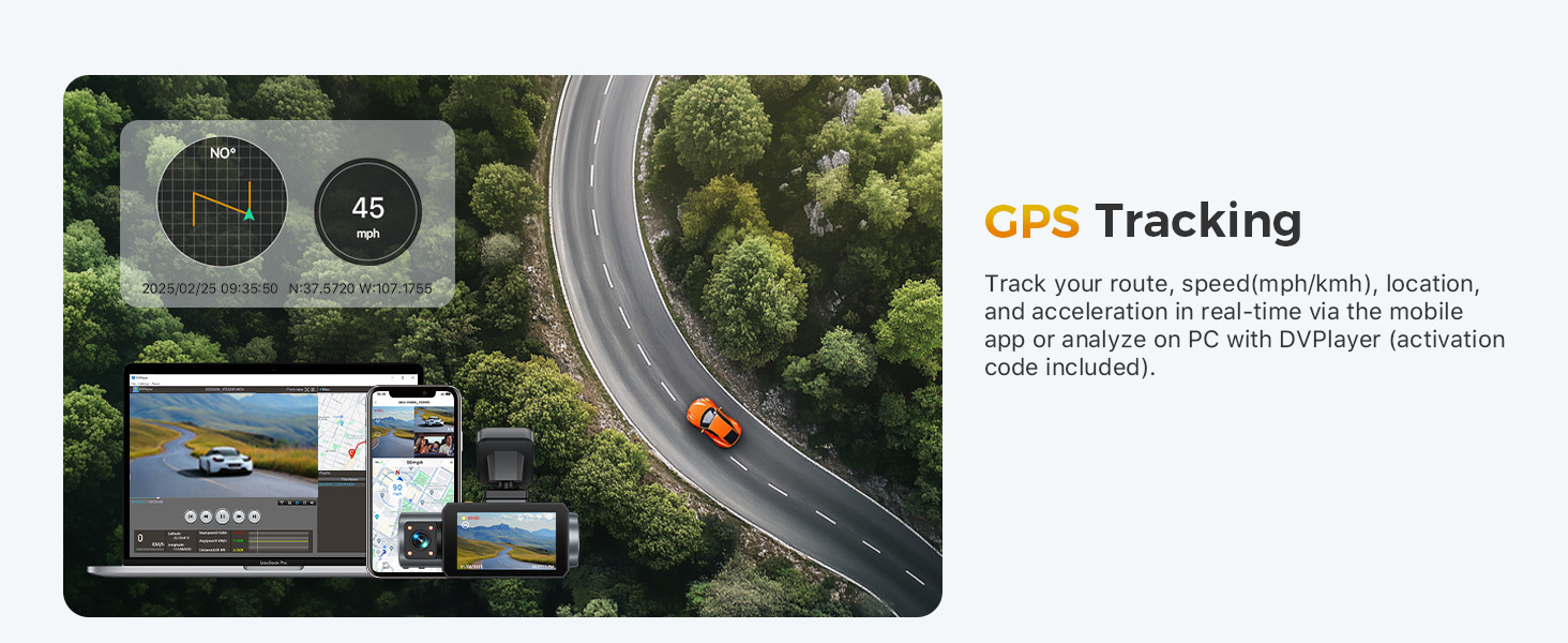 Advertisement for GPS tracking feature, showing multiple devices displaying map interface. Text describes real-time tracking capabilities.