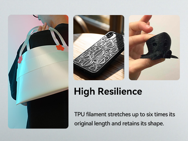 the new high res polyurethane filament stretches up to six times the original length and retains its shape.