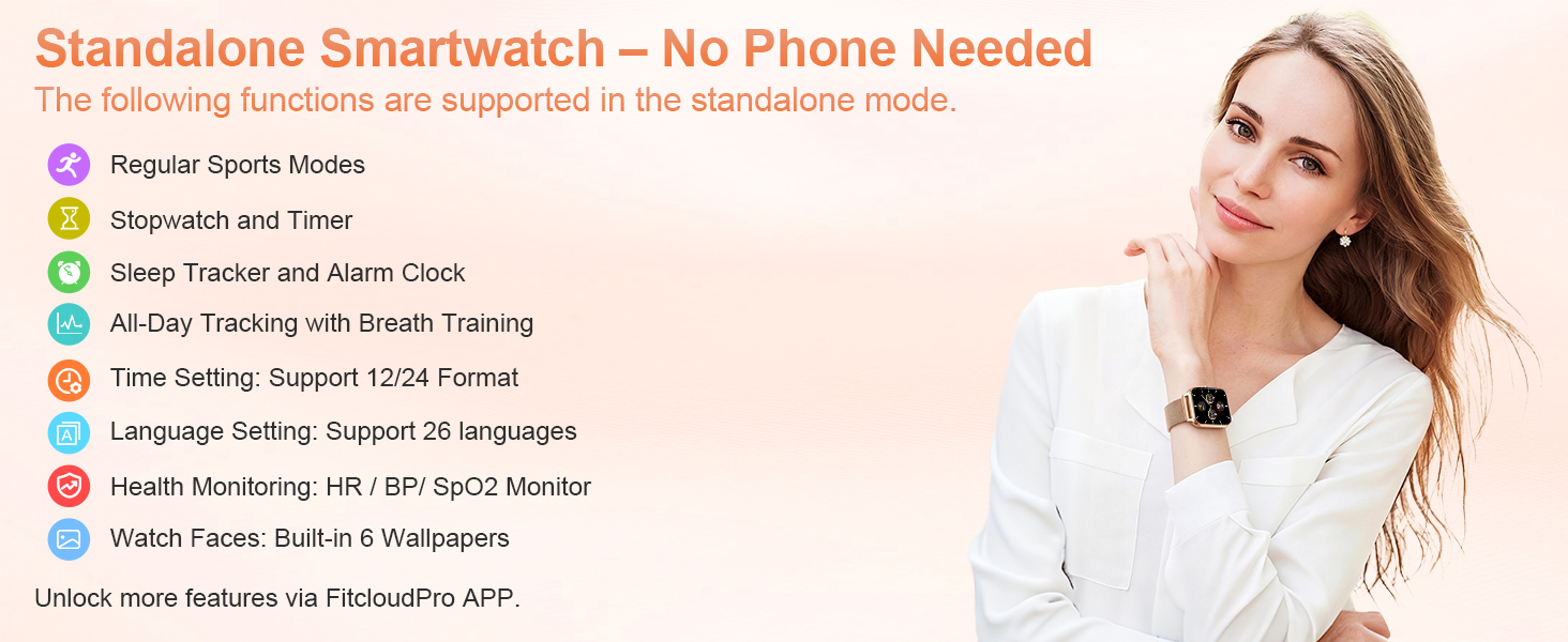 Text reads 'Standalone Smartwatch – No Phone Needed' with subtitle 'The following functions are supported in the standalone mode' listing features including Sports Modes, Stopwatch and Timer, Sleep Tracking, All-Day Tracking with Breath Training, Time Setting, Language Setting Support 26 languages, Health Monitoring, Watch Face. Woman wearing smartwatch on wrist.