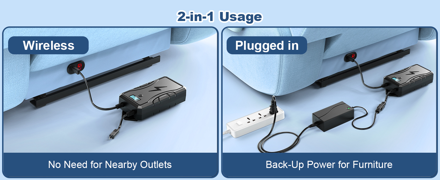 Text reads '2-in-1 Usage', 'Wireless', 'Plugged in'. Technical diagram showing wireless and wired usage modes for electronic device with connecting cables.