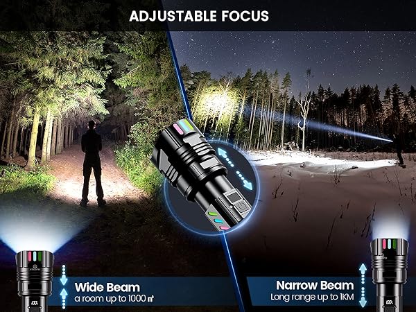 Tactical flashlight with adjustable focus beam, demonstrating wide flood light up to 1000ft and narrow long-range beam modes in nighttime forest setting.