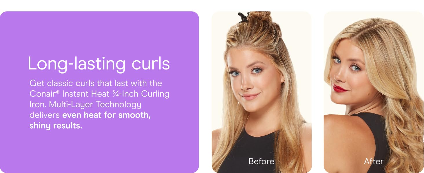 Conair instant heat curling iron ¾ inch barrel heat settings .styling even heat dual voltage
