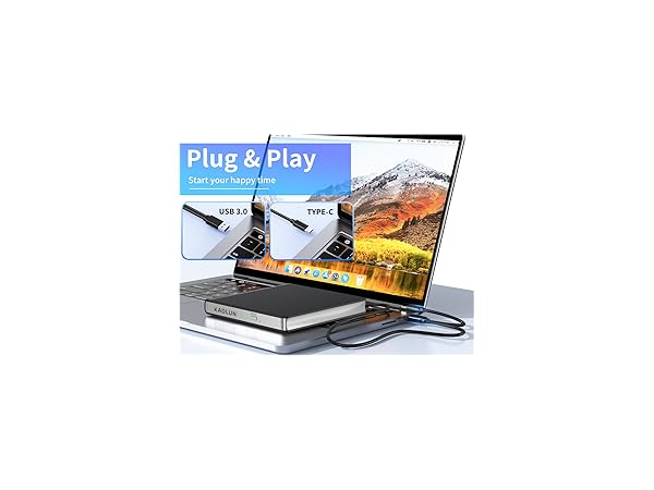 Text reads 'Plug &amp; Play'. Multiple images showing laptop connectivity features, including USB and Type-C ports, with scenic display screens visible.