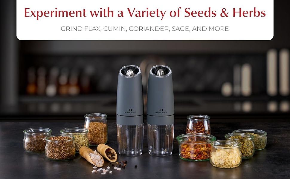 Image of the Gravity Grinder Set with a variety of spices that can add flavors to your meals