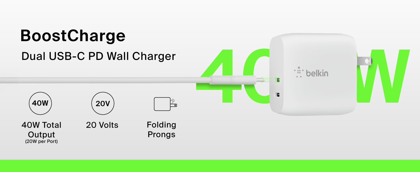 Image of belkin usb c wall charger and cable with text reading boostcharge.