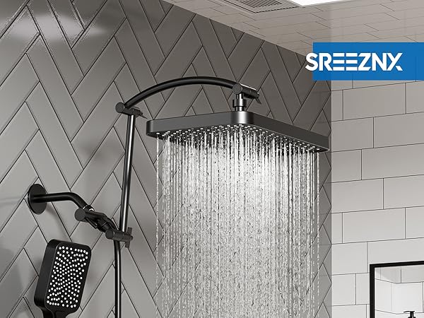 black rainfall shower head with handheld