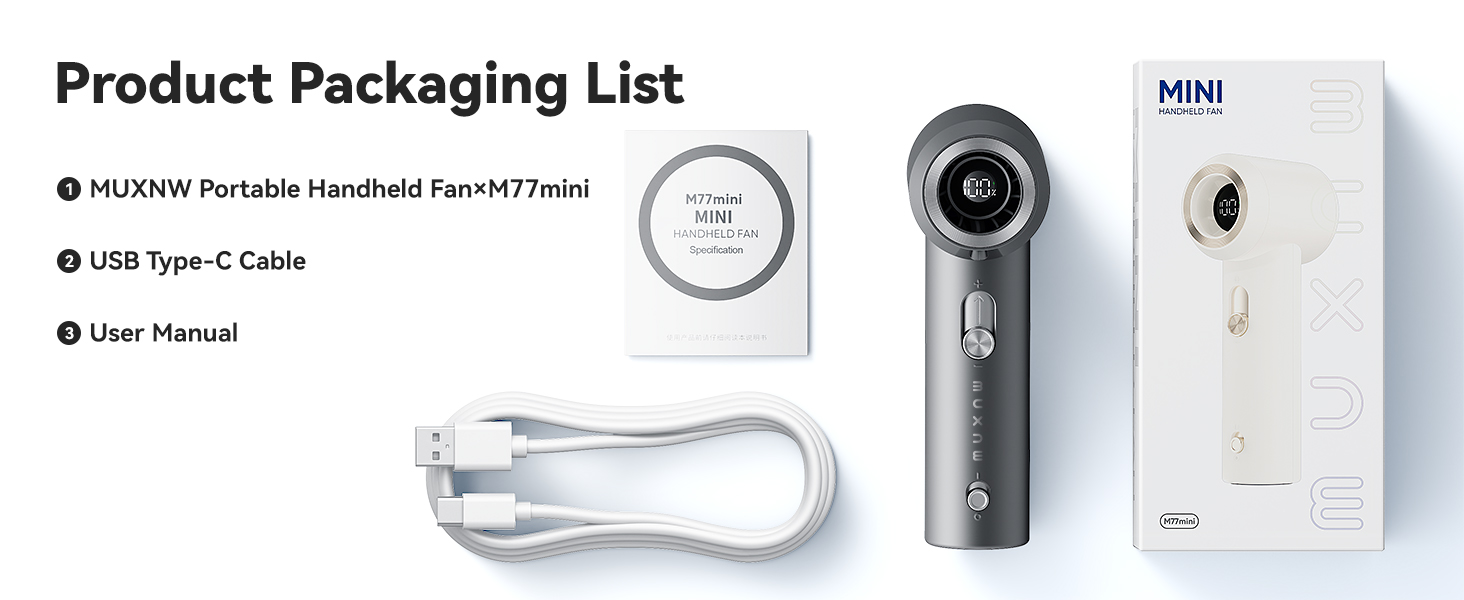 Portable Handheld Fan, USB Type-C Cable, User Manual