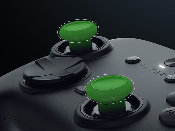 Laser-sharp aim with anti-drift TMR sticks. Swap between short-domed or tall-concaved caps.