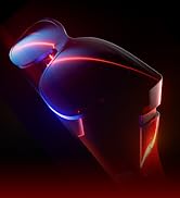 Gaming mouse shown in dramatic lighting with red and blue LED accents, photographed from multiple angles against a dark background.
