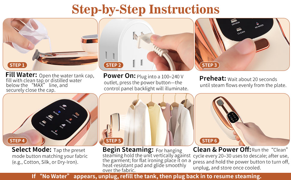 Easy Steps – Fill, plug, preheat, select mode, steam. 20s for wrinkle-free results.