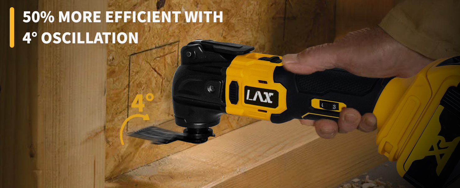 Yellow and black oscillating power tool in use, cutting wood. Text highlights 50% more efficiency with 4° oscillation. Tool labeled 'LXT'.