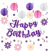 Roetyce Flower Birthday Decorations, Purple Glitter Happy Birthday Banner Honeycomb Balls Hanging...