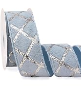 Ribbli Dusty Blue Fluffy Velvet Wired Ribbon with Glitter 2.5 Inch Christmas Ribbon for Gift Wrap...