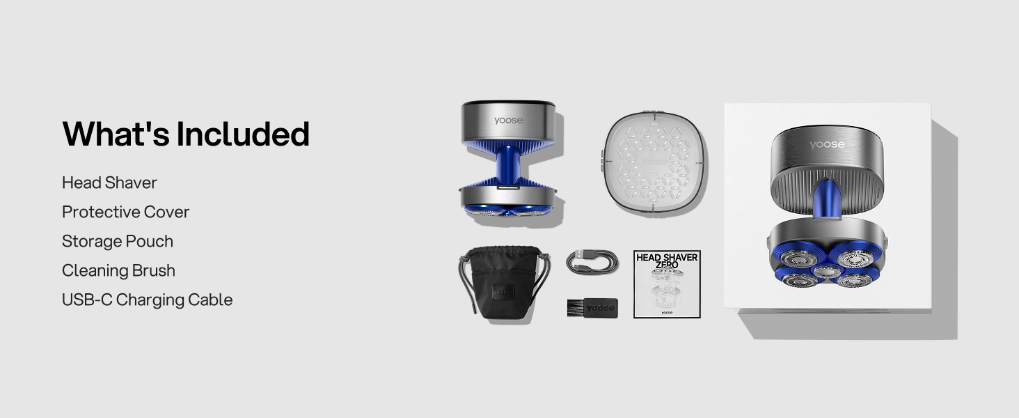 In the box - Head Shaver, Protective Cap, Storage Pouch, Cleaning Brush, USB-C Charging Cable