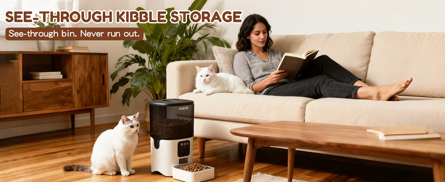 PGID Pet feeder with a see-through kibble storage bin for easy level monitoring.