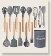 Country Kitchen Non Stick Silicone Utensil Set with Rounded Wood Handles for Cooking and Baking, ...