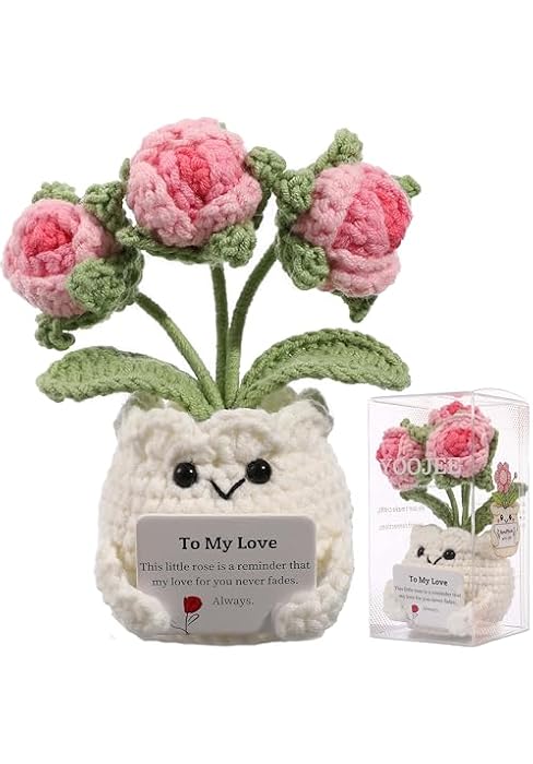 YOOJEE Crochet Rose Gift for Her – Handmade Pink Rose Flower Pot “to My Love”, Romantic Gift for ...