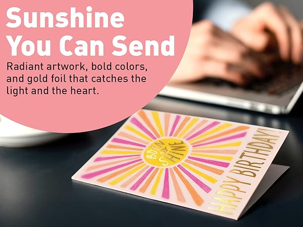 birthday card with gold foil and vibrant sunburst design