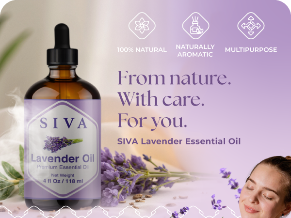 A 4 ounce amber glass bottle of SIVA Lavender essential oil being used for aromatherapy in diffuser