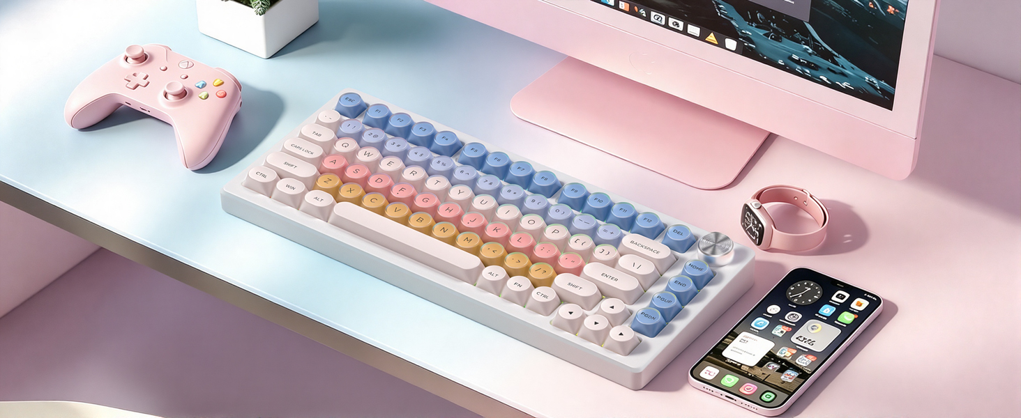 rainbow macaron color scheme keycaps with a jelly-like transparent layer