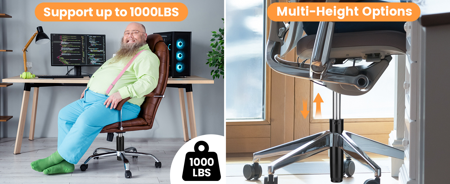 Split image showing desk weight capacity test with 1000 LBS label and height adjustment