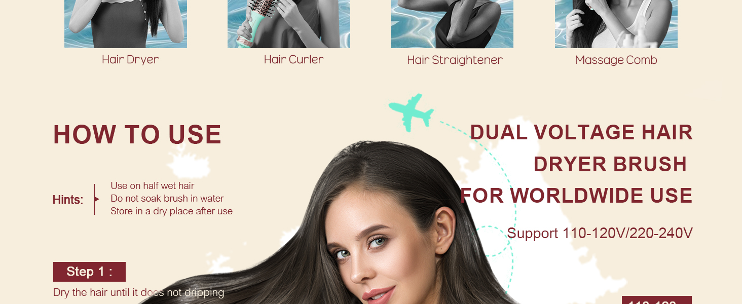 dual voltage 110/220 hair dryer brush for international travel