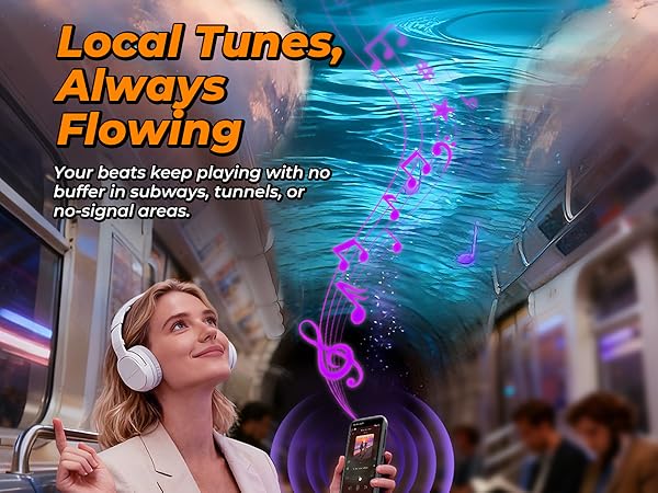 Person listening to music on a MP3 player in a subway, with music notes floating around