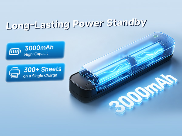 3000mAh rechargeable portable printer and prints up to 300 sheets per full charge