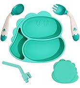 Deejoy Baby Plates with Suction, Toddler Spoon Fork and Removable Straw for Self Feeding, 100% Si...