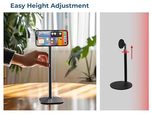 Adjustable height phone stand with black finish, featuring vertical height adjustment and demonstration of phone mounting capability.