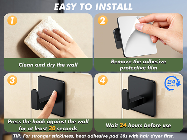 Easy installation steps: clean and dry wall, peel film, press firmly for 30 seconds, wait 24 hours