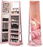 CHARMAID 360° Swivel Jewelry Armoire with Full Length Mirror, Rear Storage Shelves, Lockable Stan...