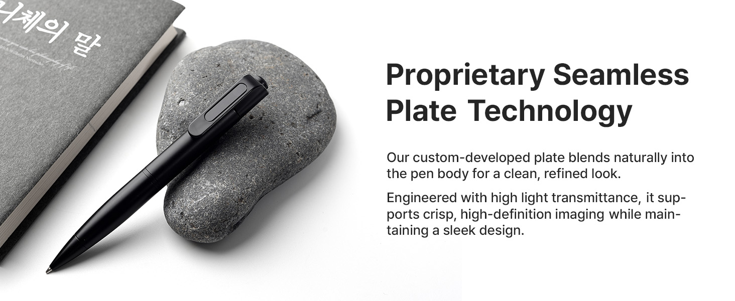 Black pen with proprietary seamless plate technology for discreet professional recording