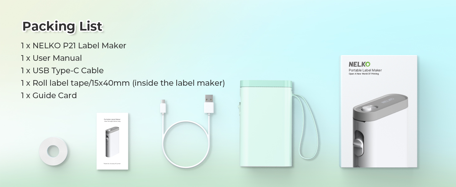 Packing list and components for NIIMBOT D11 label maker, including USB cable, roll tape, user manual, and device box on mint green background.