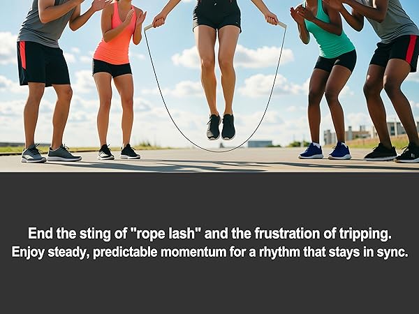 Group of athletes jumping rope outdoors with multifun smooth rotation technology.