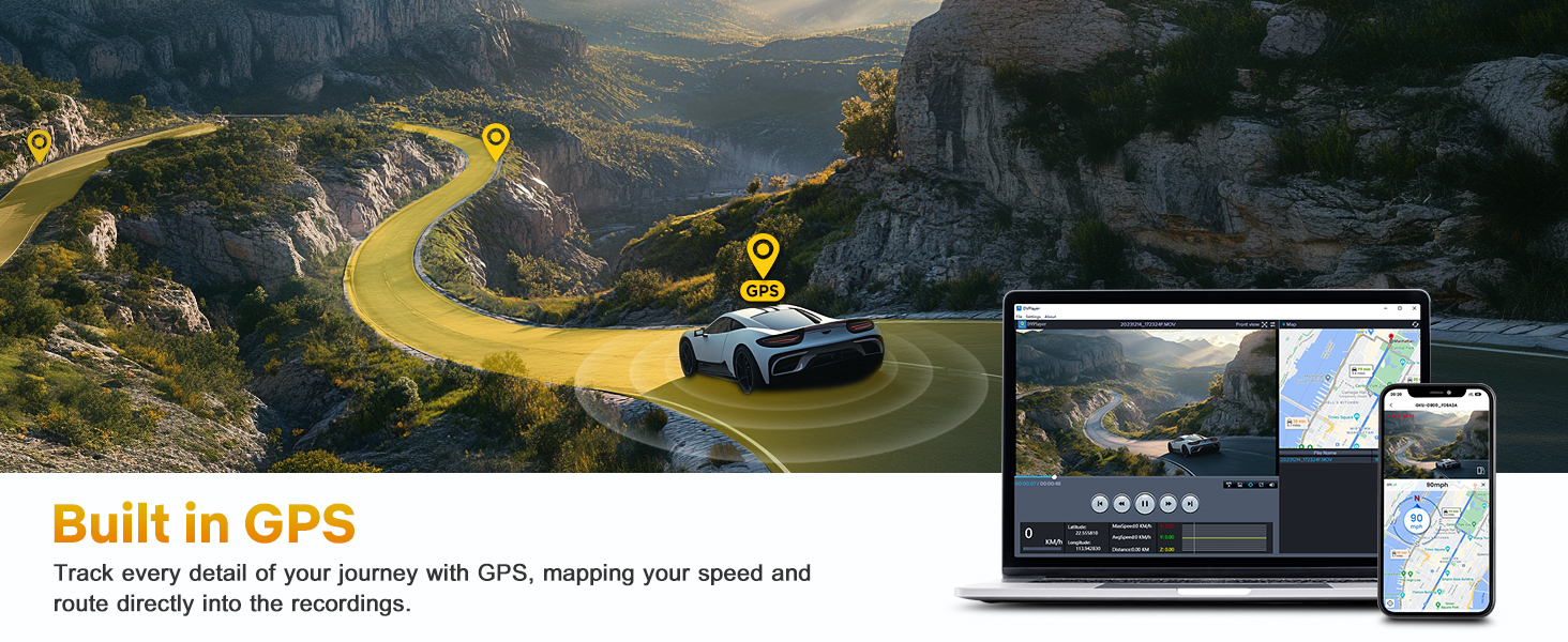 GPS navigation system interface showing mountain road route on laptop and mobile devices, with built-in GPS tracking feature highlighted.