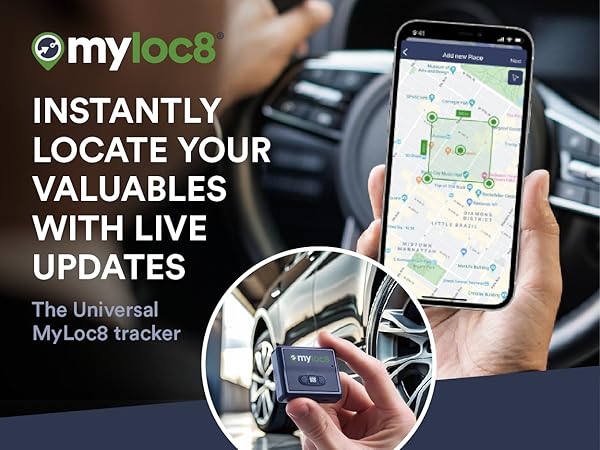 mobile phone showing myloc8 tracking app location and geofence area with man holding small tracker