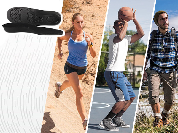 Composite image showing shoe soles and three active scenes: a woman running on sand, a man playing basketball, and two men hiking.